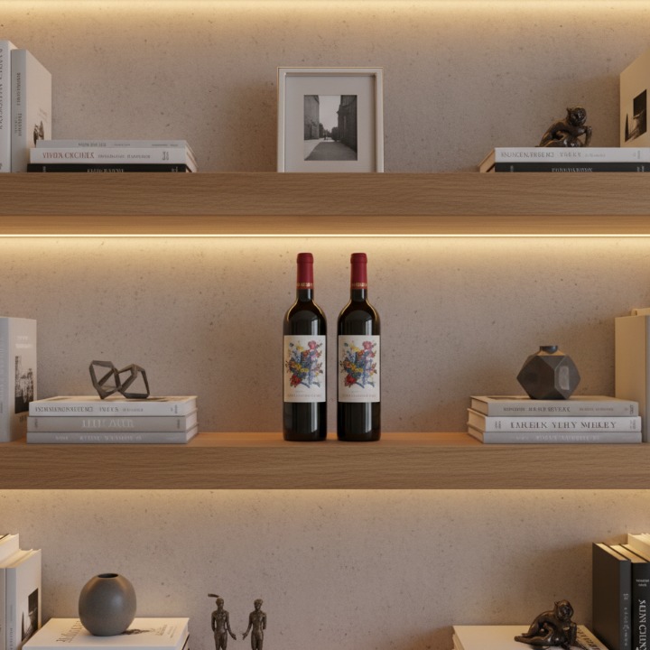 リビングの棚に飾られたラベルが美しいワインボトルと、書籍、写真立て、アート作品などの洗練されたディスプレイ