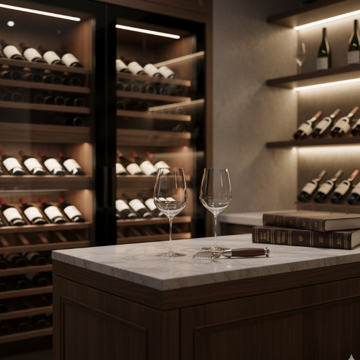 ワインセラーの隣に設えられた、ワイングラスやワインボトル、関連書籍が並ぶ洗練された専用ワインコーナー