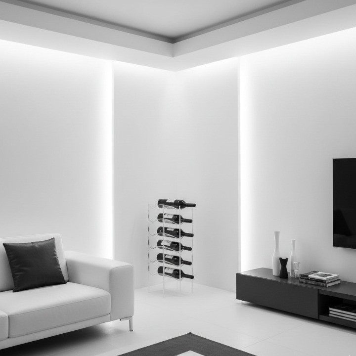 モノトーンのモダンなリビングに置かれた、アクリルまたはワイヤー製のスタイリッシュなワインラック