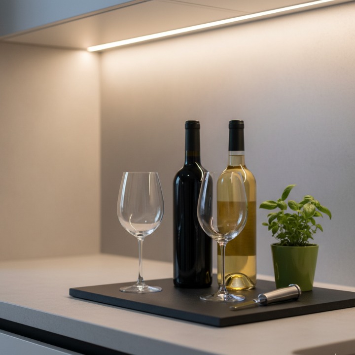 キッチンカウンターに美しく配置されたワインボトル、ワイングラス、ソムリエナイフのある洗練されたバーコーナー