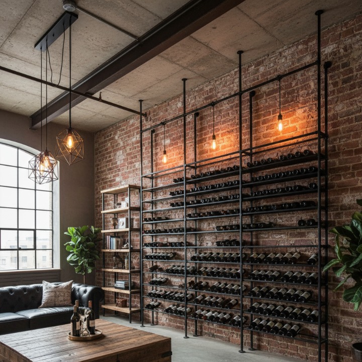 インダストリアルスタイルのワインセラー。レンガ壁に黒いアイアンパイプで構成された天井吊り下げ式ワインラック。エジソン電球の温かい照明が特徴的な重厚感のある空間。