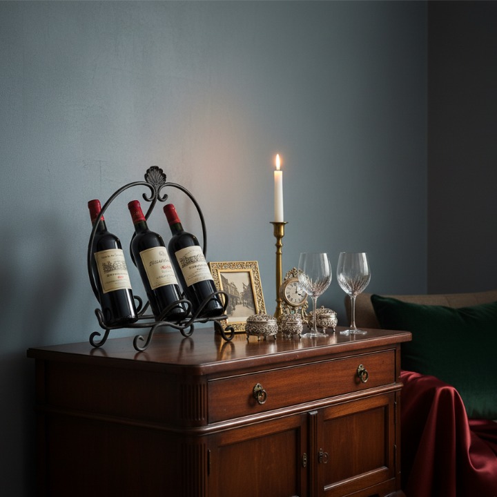 フレンチシック/クラシックスタイルのサイドボード上にワインボトルとクリスタルグラスを配置したエレガントなディスプレイ事例