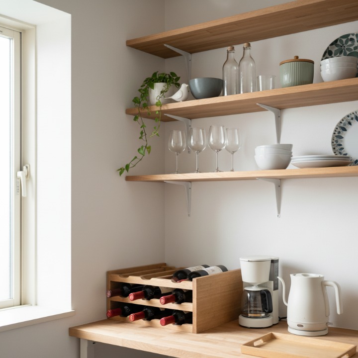 北欧モダンスタイルのキッチン収納棚にワインボトルとワイングラスを美しくディスプレイした事例