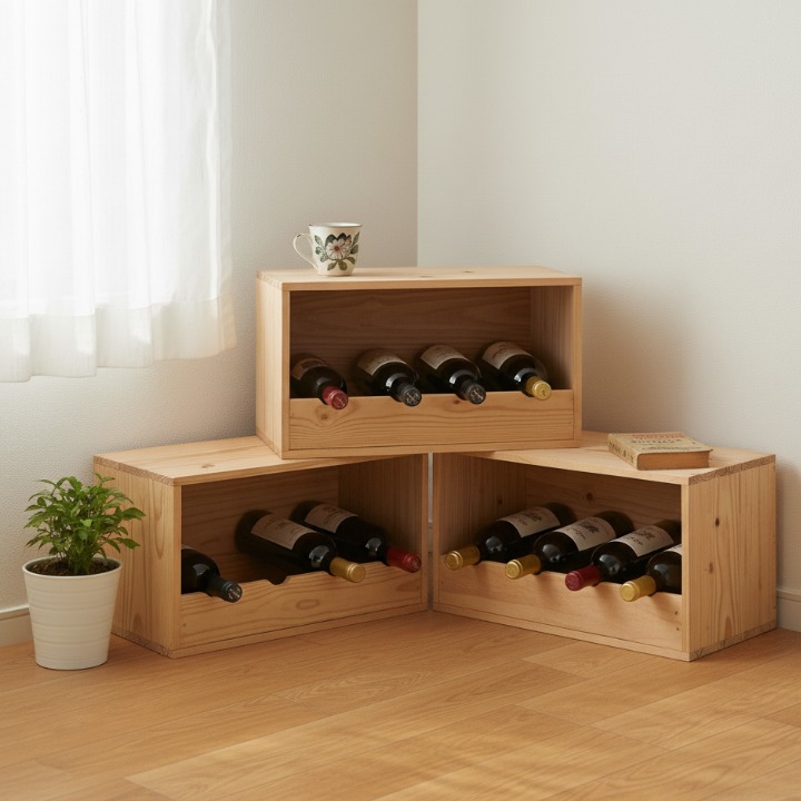 ホームセンターで購入できるシンプルな無塗装松材ボックス3個を積み重ねたDIYワインコーナー。12本のワインボトルを横向きに収納し、観葉植物とティーカップで温かみを演出。日本のアパートやマンションに馴染むナチュラルな木製ディスプレイ。