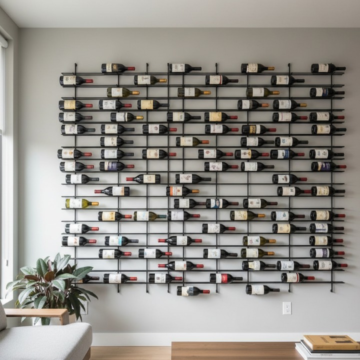 壁一面に取り付けられた黒いメタルバーの壁面ワインラック。100本以上のワインボトルが横向きに整然と並び、色鮮やかなラベルが壁面アートとして機能。グレーの壁とナチュラルな木製家具、観葉植物が調和したモダンインテリア。