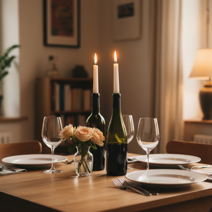 ワインボトルをキャンドルホルダーにした2人のロマンティックなディナーテーブル。濃い緑のワインボトルに白いテーパーキャンドルを立て、白い皿、ワイングラス、小さな花瓶が並ぶナチュラルなウッドテーブル。温かいキャンドルライトと柔らかい照明が作る親密な雰囲気。