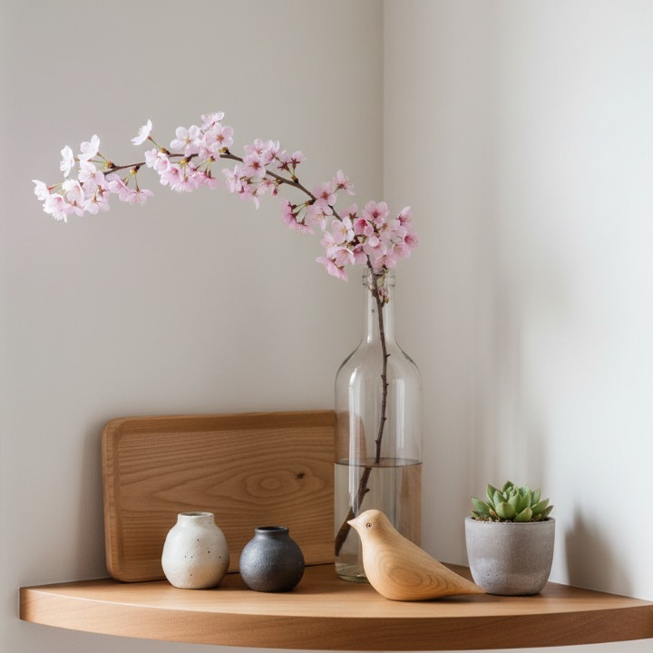 透明なワインボトルに桜の枝を挿したフラワーベース。コーナーシェルフに木製トレイ、白と黒の陶器花瓶、木彫りの鳥オブジェ、多肉植物をコーディネートしたディスプレイ。ナチュラルで洗練された空間演出。