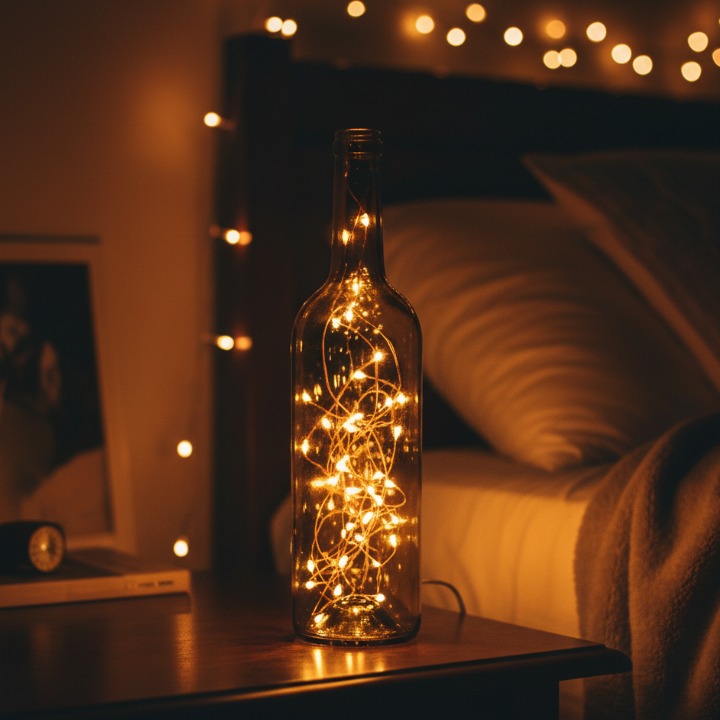 透明なワインボトル内に銅線のLEDワイヤーライトを入れた間接照明。温かいオレンジ色の光がガラスを通して幻想的に輝く。ベッドサイドテーブルに置かれ、背景にはボケたストリングライトとソファが見える夜のリラックス空間。