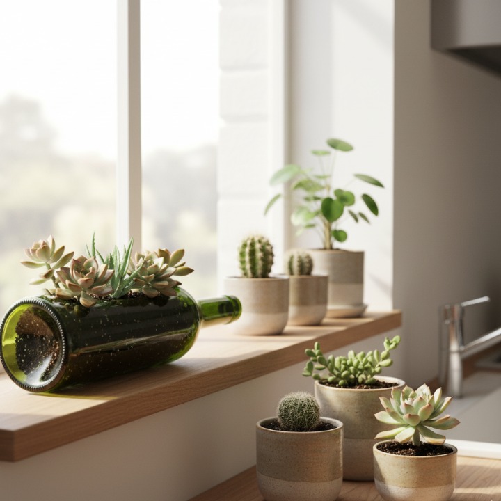 横向きにカットした緑のワインボトルに多肉植物を植えたプランター。キッチン窓際の木製シェルフに、陶器の鉢に入った多肉植物、サボテン、観葉植物とコーディネートした明るいグリーンコーナー。自然光が差し込む爽やかな空間。