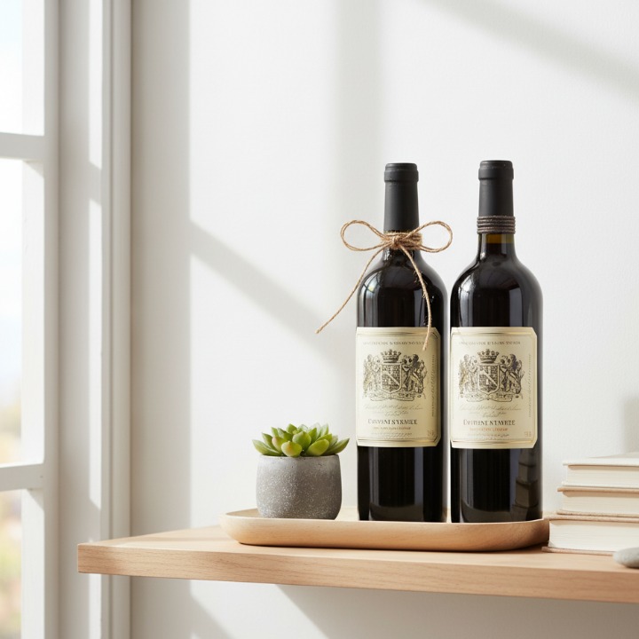 エレガントなワインラベルが見えるワインボトルに天然麻ひもをアクセントとして巻いた装飾。木製シェルフに陶器の花瓶、多肉植物、本、木製トレイとコーディネートしたディスプレイ。白い壁背景と自然光が作る洗練された空間。