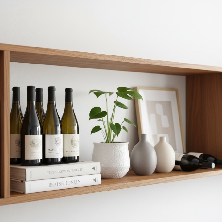 ナチュラルな木製オープンシェルフに、5本のワインボトル、観葉植物を植えた白い陶器の鉢、2つの白い花瓶、ワイン関連書籍、アートフレームを組み合わせたディスプレイ。異素材の調和で柔らかく洗練された空間演出。