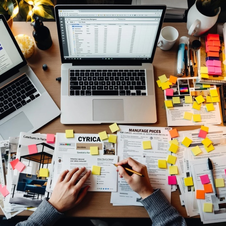 インテリアデザイナーが、設計図や資料を広げたデスクでクリエイティブなプランニング作業に集中している様子